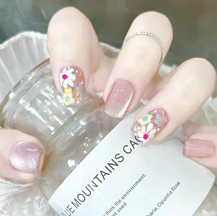 Spring Floral Nails with Sparkly Finish