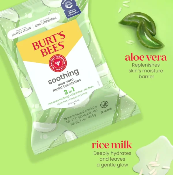 Burt's Bees Aloe Face Towelettes, Sensitive Skin, 3-Pack, 30 Ct Each
