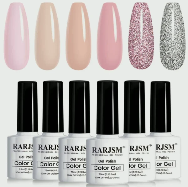 Nude Gel Lacquer Set: 6 Sheer Shades with Silver Pink Sparkle - Small Size