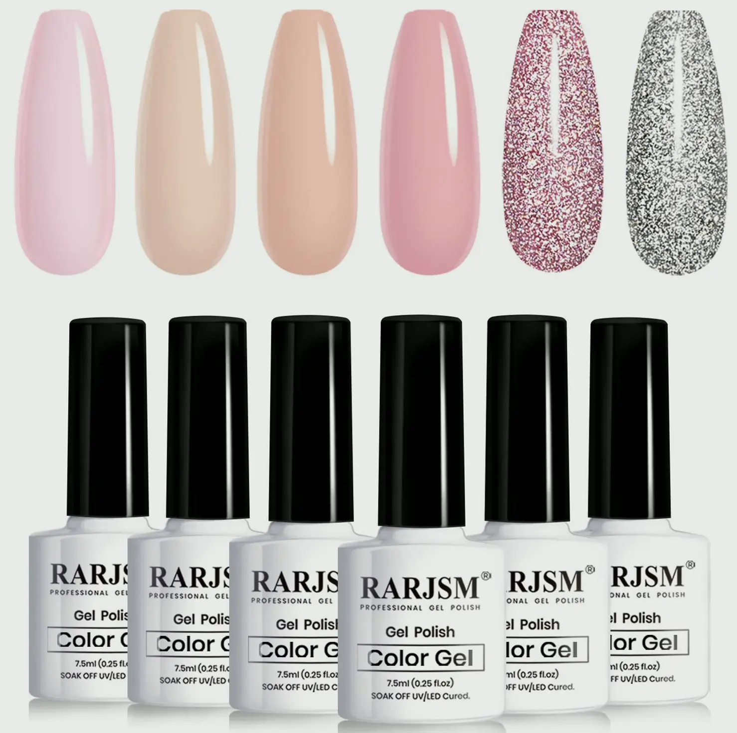 Nude Gel Lacquer Set: 6 Sheer Shades with Silver Pink Sparkle - Small Size