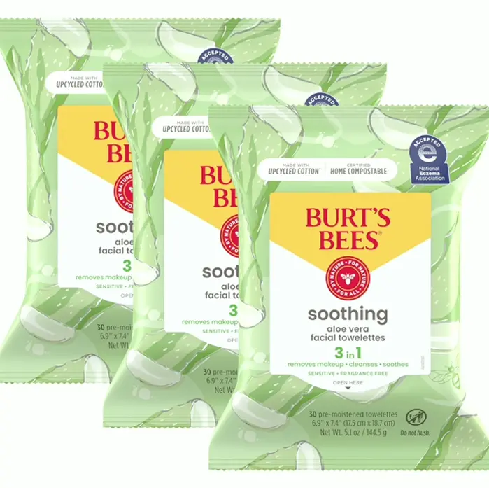 Burt's Bees Aloe Face Towelettes, Sensitive Skin, 3-Pack, 30 Ct Each