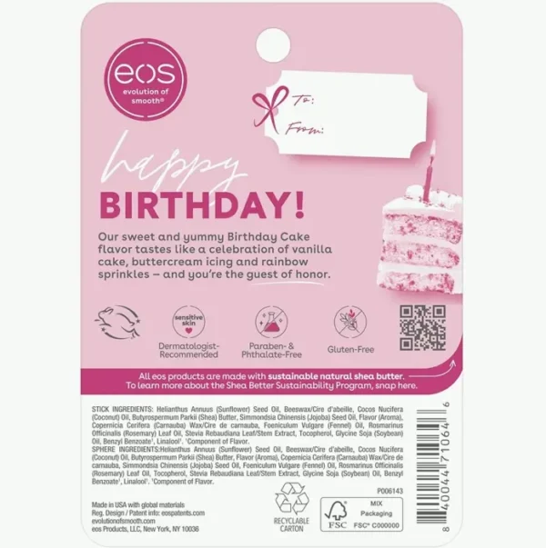 eos Shea Lip Balm - Birthday Cake, All-Day Moisture, 0.39 oz